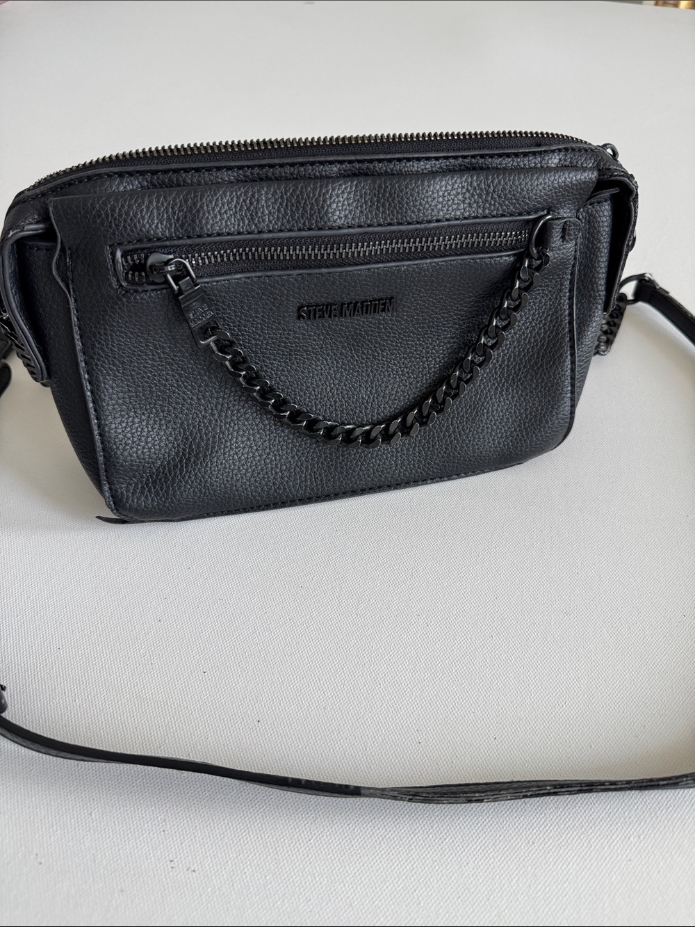Steve Madden Black Pebbled Faux Leather Crossbody with Chain Detail
